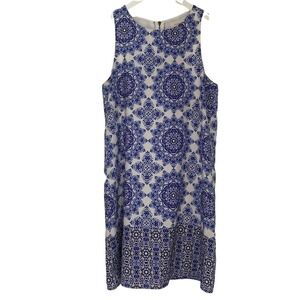 Everly Porcelain Print Shift Dress Lined White Blue Above the Knee Size S